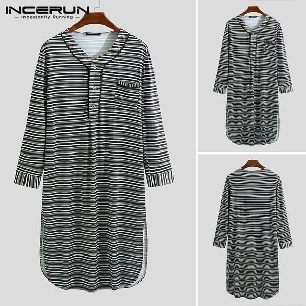 

men's sleepwear incerun 2021 summer men striped kaftan pajamas bathrobes long sleeve v neck nightgown casual night dress robes, Black;brown