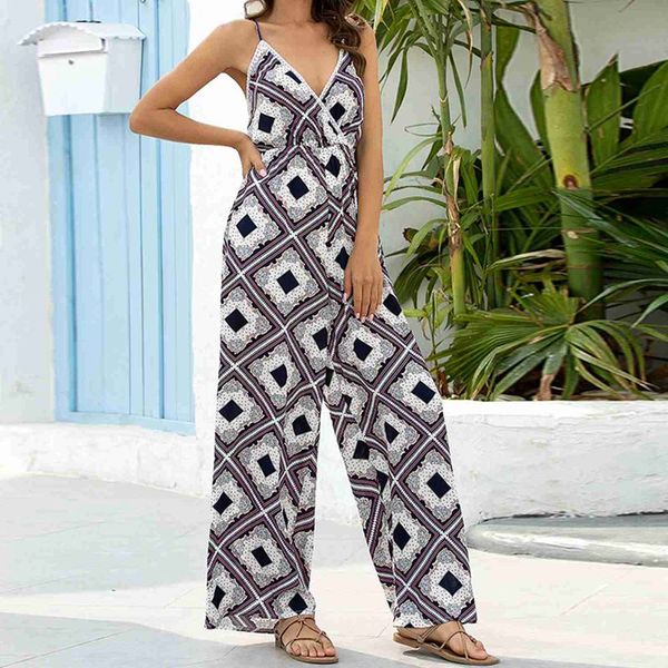 

summer women v-neck sling printed siamese pants loose casual siamese pants plus size, Black;white