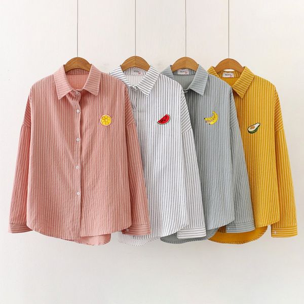 

women autumn blouse vintage fruit embroidery lapel shirt loose striped single breasted long sleeve elegant blouse, White