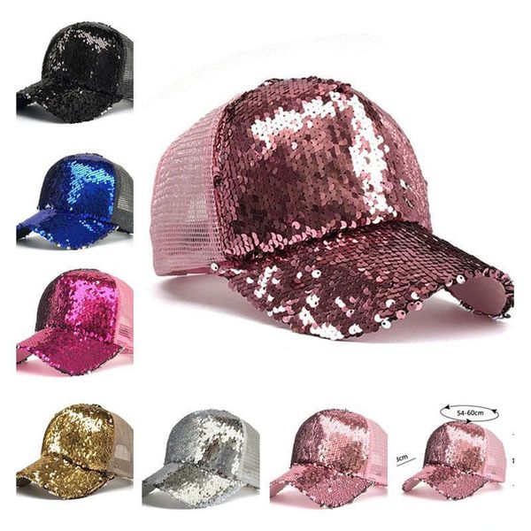 

fashion mermaid sequins baseball hats summer curved visor messy glitter ponytail snapback cap for men women trendy hip hop hat, Yellow