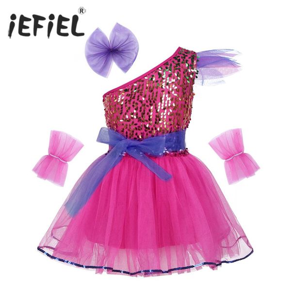 

kids girls jazz dancewear costume one-shoulder sparkly sequins mesh dress with hairclip and belt for modern contemporary dance, Black;red