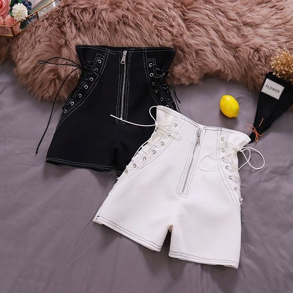 

women shorts black white 2019 spring new wind chic high waist strap stylish wide-legged pure color casual shorts female 6562, White;black