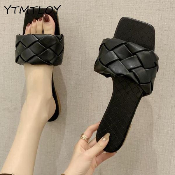 

fashion design women slipper square toe sandal slipper summer ladies slide elegant dress shoes weaving by hand flat, Black