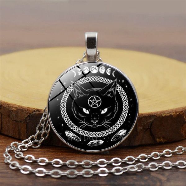 

black cat pendant necklace round time pentagram necklaces magic black cat necklace is very cool, Silver