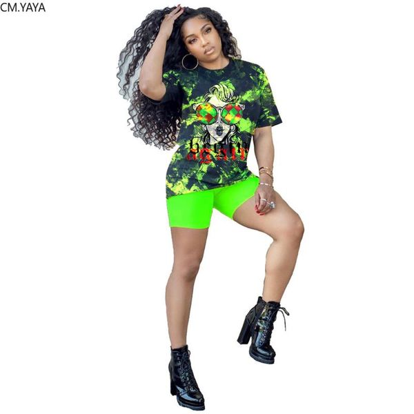 

2019 женщины лето галстук краситель характер печати футболка неоновый зеленый шорты костюм из двух частей набор мода спортивный спортивный к, White