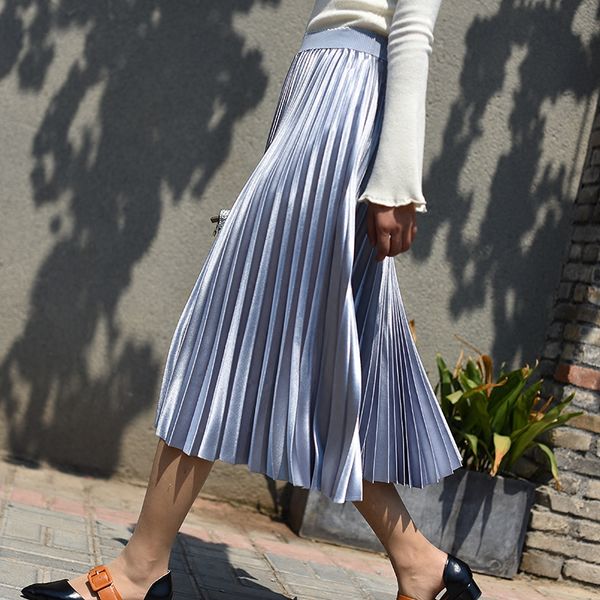 

2019 pleated skirts womens autumn winter high waist long skirt metallic color ball gown party casual maxi skirt saia faldas, Black