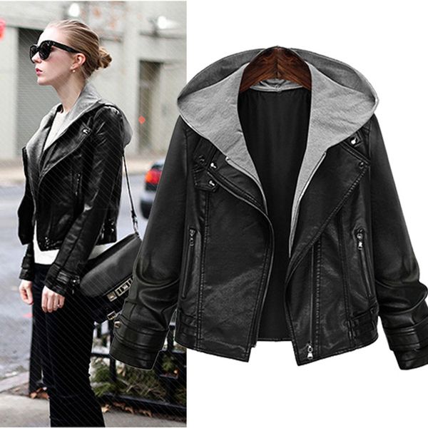 

europe american women's leather jacket large size female thin hooded long-sleeved leather women short coat sale, Black