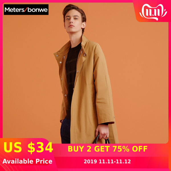 

metersbonwe 2019 men's stand collar windbreaker new winter men long padded coat solid color parkas men's clothing, Black