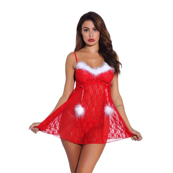 

christmas holiday red floral lace and mesh sheer babydoll with g-string lingerie sleepwear chemise dress with white fuzzy trim s-xxl, Black;red