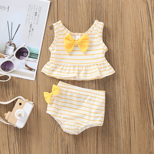

infant baby girl baby summer clothing toddler kids girl bow swimsuit striped bathing suit bikini 2pc set swimwear, White