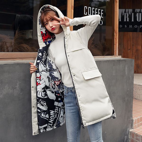 

2019 winter new long vest warm hooded street hipster waistcoat plus size fashionable women sleeveless jacket harajuku -85, Black;white