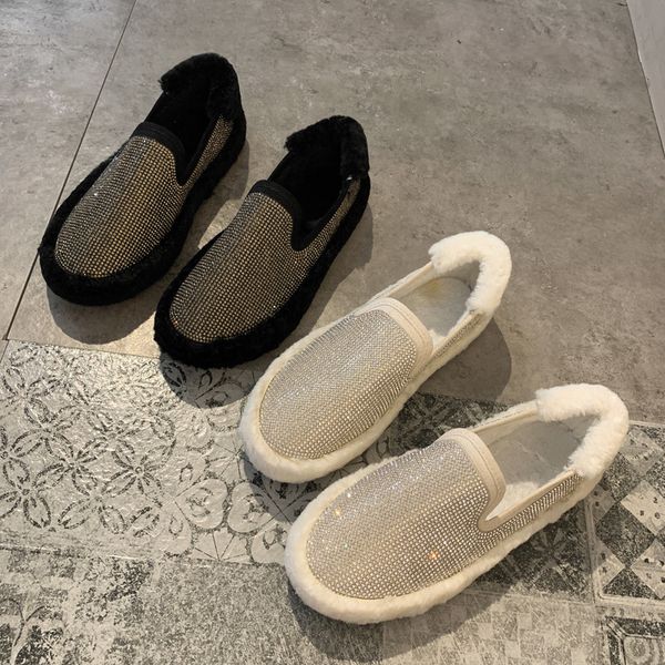 

rhinestone cotton women shoes glitter fur flats non-slip moccasins winter brand warm creepers lazy slip on loafers plus size, Black