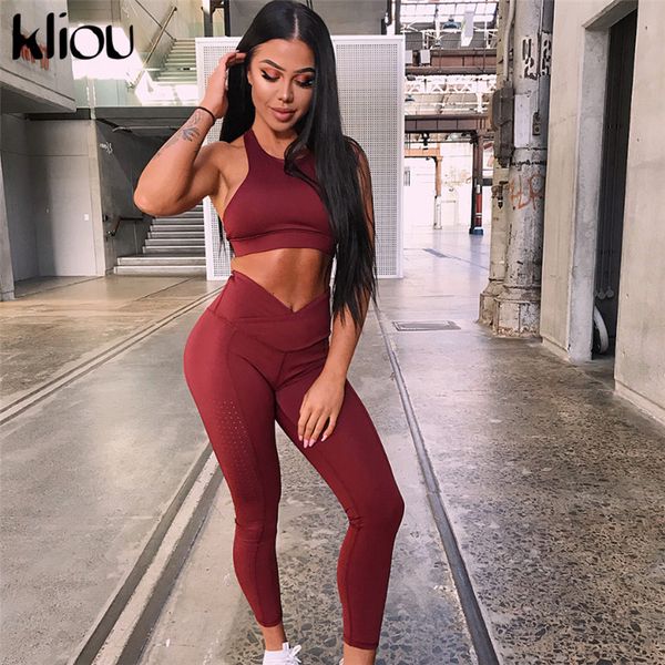 

kliou 2018 new solid red women sportswear fitness two pieces sets sweatshirt female tracksuit crop tank and hollow out leggings, Gray
