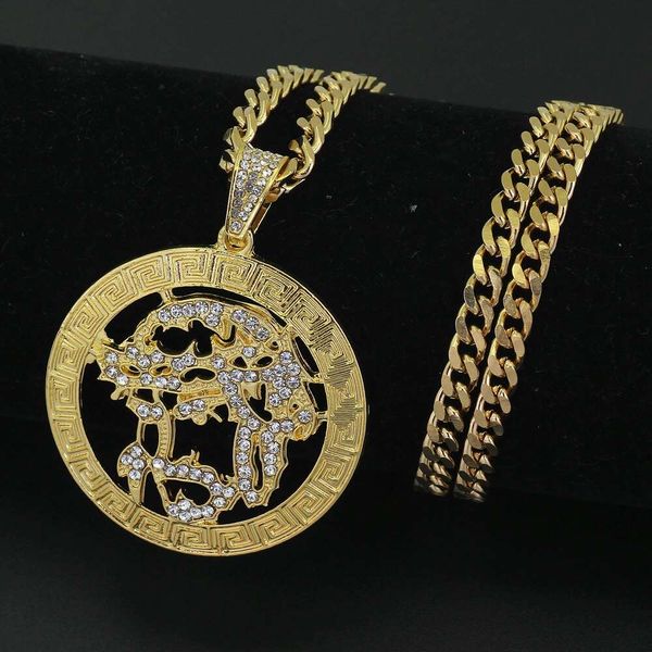 

hip hop jesus diamonds round pendant necklaces for men religious luxury necklace stainless steel cuban chain christian jewelry, Silver