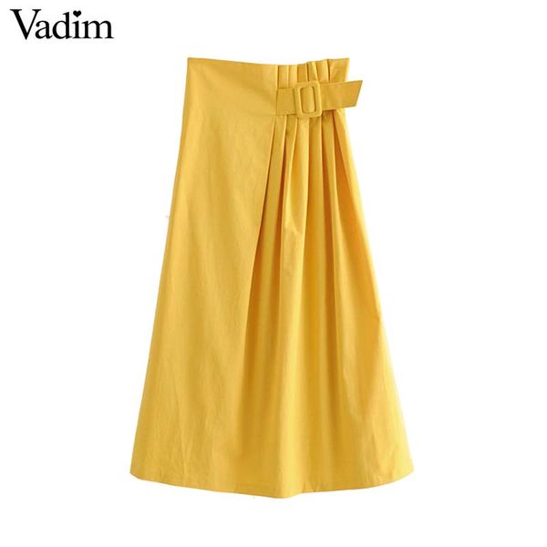 

vadim women stylish yellow midi skirt fladas mujer elastic waist side zipper sashes female casual solid a line skirts ba630, Black