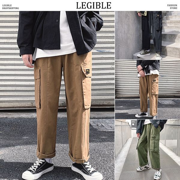 

legible spring autumn straight cargo pants mens casual streetwear joggers pants male solid loose fashions, Black