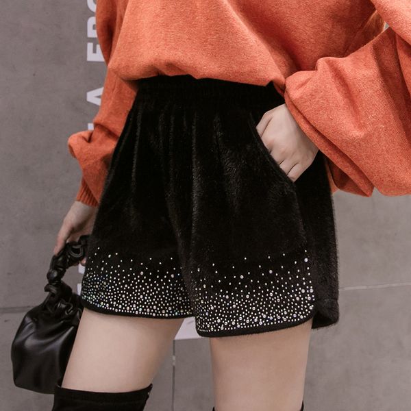 

ewq] 2020 spring summer new high-rise rhinestone gold velvet all-match black short pants korea high waist wide leg pants qx076, Black;white