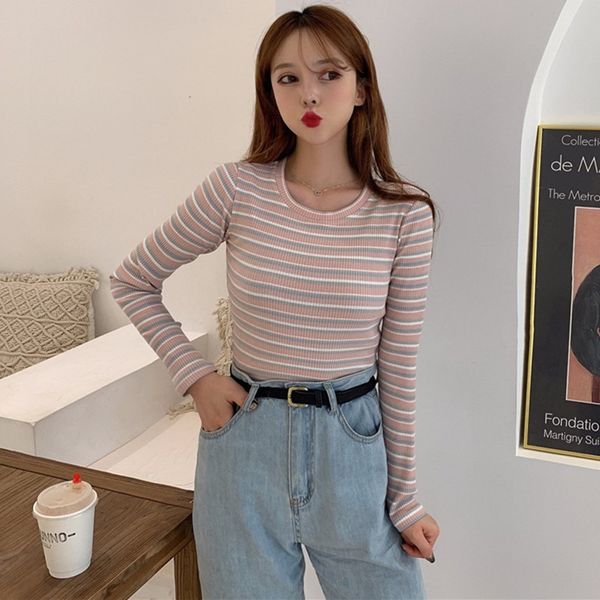

women striped knitted sweaters slim long-sleeved pullover korean sweet female autumn basic jumper pull femme, White;black