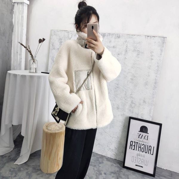 

women 2019 autumn winter real fur coat warm soft sheep shearing fur jacket female plush lamb overcoat casual outwear m60, Black