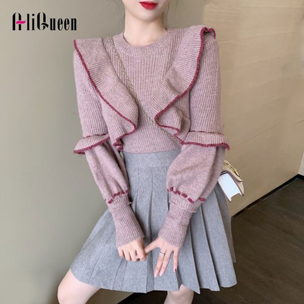 

autumn women lantern long sleeve short ruffles sweater knitted pullovers crop winter streetwear womens sweaters 2019 winter, White;black