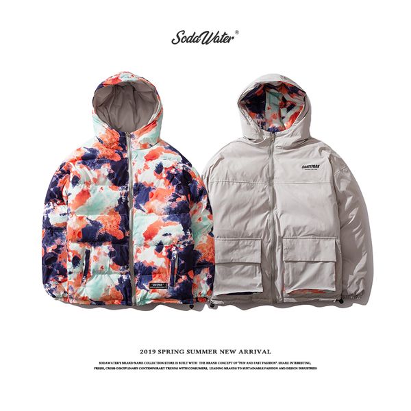 

inflation 2019 mens winter digital printing cotton-padded thick jacket both side can wear streetwear cotton padded men parkas, Black