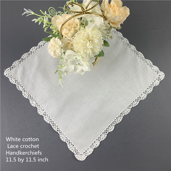 

set of 12 home textiles wedding brideal handkerchief 12"x12"white cotton pocket hankies with crochet lace hanky 11.5 by 11.5 inch