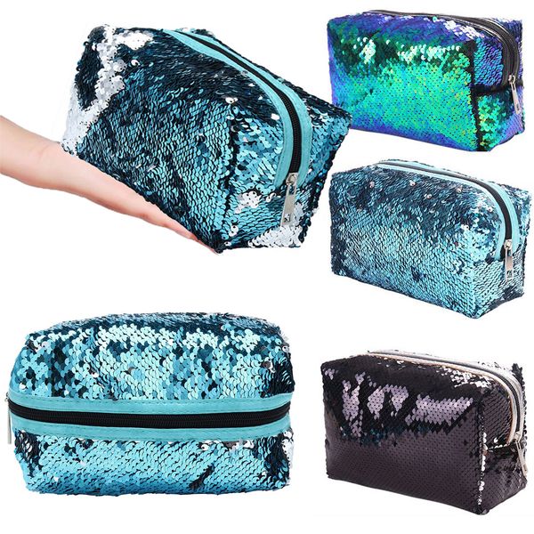 

1pc sequins glitter cosmetic bags double color sequins handbag cosmetic bag makeup pouch women mermaid party clutch bags