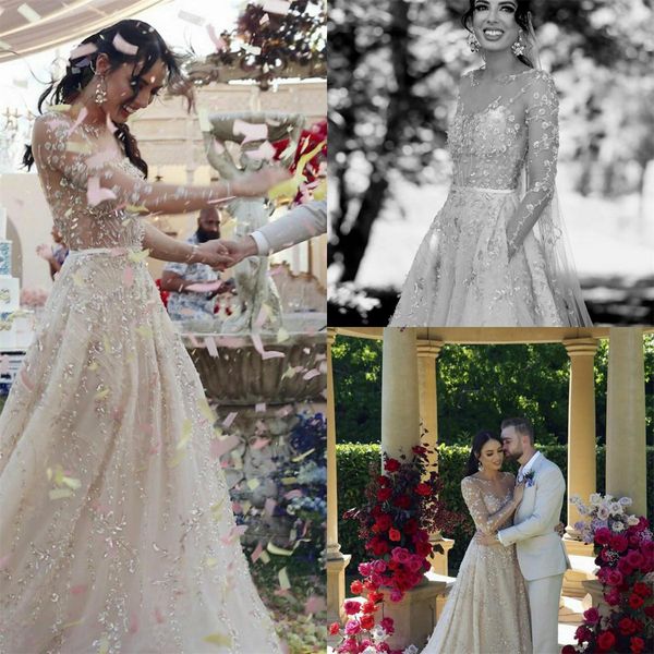 

2020 a line wedding dresses long sleeves boho bridal gowns lace applique plus size robes de mariÃ©e, White