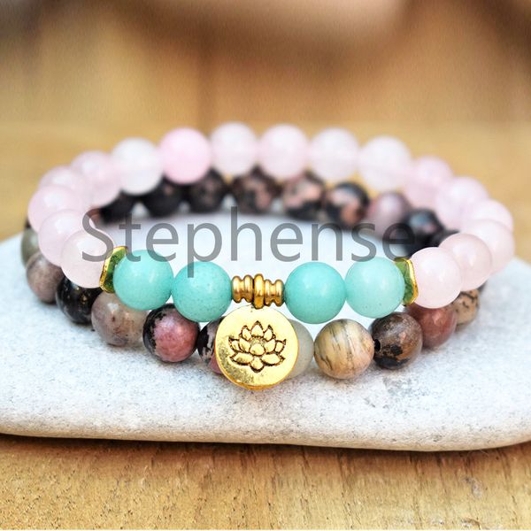 MG0630 Siyah Ven Rhodonite Lotus Bilezik Seti Yüksek Kalite Aquamarine Gül Kuvars Yoga Bilezik Sıcak Satış Bilek Chakra Mala Bilezik