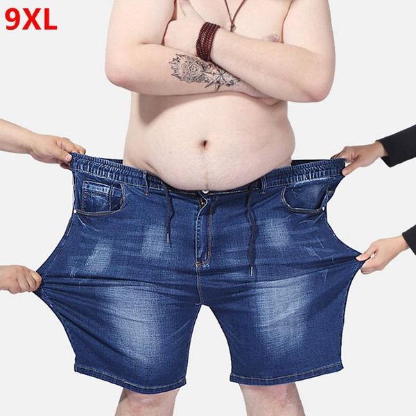 

extra large size men's denim shorts oversized men's elastic waist knee length summer loose shorts men plus size 9xl 8xl 7xl 6xl, Blue