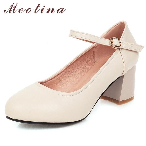 

meotina high heels women pumps buckle square high heels mary janes shoes pu leather round toe party shoes ladies plus size 33-43, Black