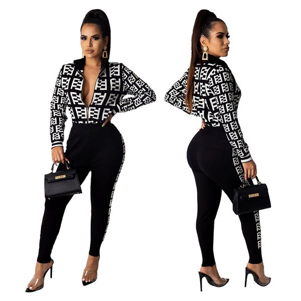 

brand ff letter women tracksuit luxury fends long sleeve zipper jacket leggings pants f two-piece suit trendy sports outfits a12132 new, White