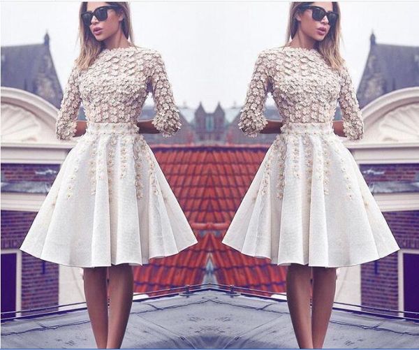 

modest ivory short lace homecoming dresses knee length 3d flowers a line cocktail gowns with 3/4 long sleeves vintage prom dresses, Red