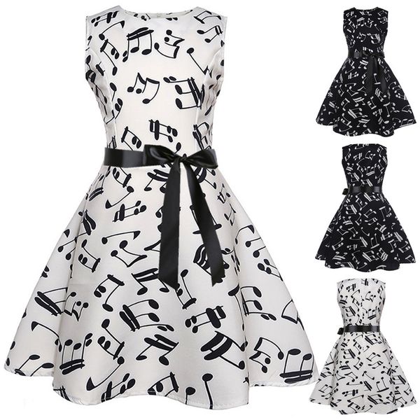 

girls sleeveless vintage note printed princess gown prom swing dress +1pc belt for girl costume children wedding party dress, Red;yellow