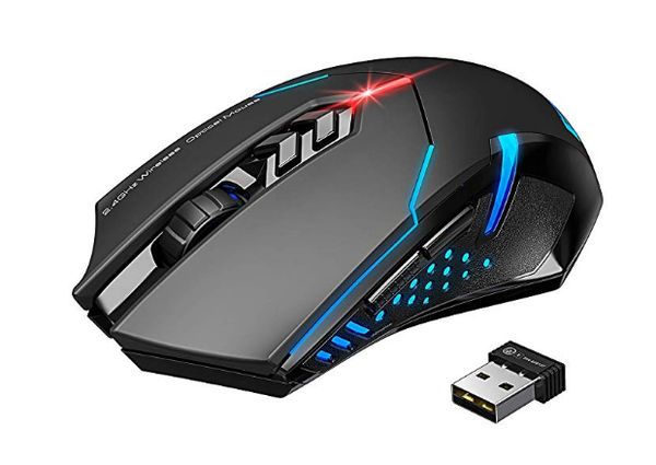 

wireless gaming mouse with unique silent click, breathing backlit, 2 programmable side buttons, 2400 dpi, ergonomic grips, 7-button design