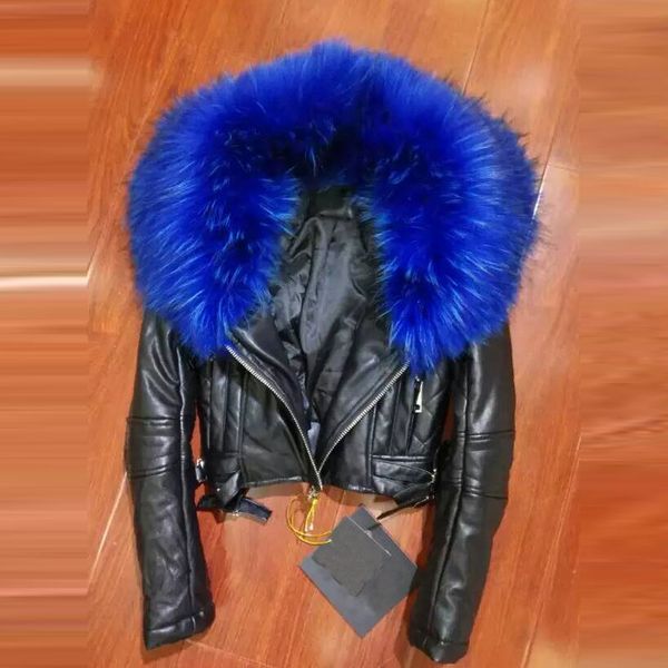 

real leather short jacket slim black,red, blue big fur collar