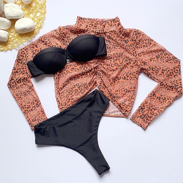 

long sleeve high leg cut one piece swimsuit women print swimwear female bather high neck bathing suit swim wear, White;black