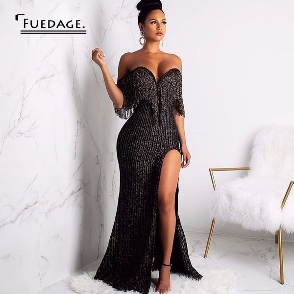 

fuedage tassel strapless party dress women wholesale elegant off shoulder dress sequined vintage maxi long vestidos, Black;gray