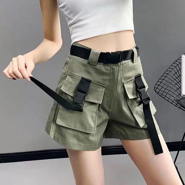 

summer women shorts high waist sashes belt pockets short pants safari style plus size casual army green femme faldas mujer, White;black