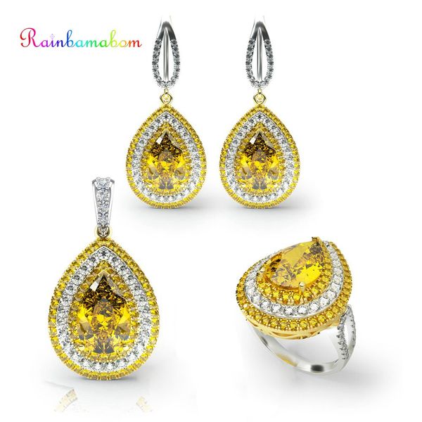 

rainbamabom luxury real 925 sterling silver sets water drop pear citrine gemstone necklace/earrings/ring jewelry sets wholesale, Black