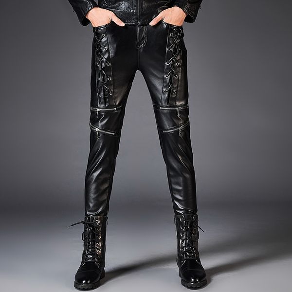 

men autumn winter leather zipper rope pants fashion slim fit pu male pants punk rock, Black