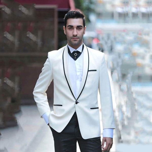 Acheter Costume Homme Ivoire Marié Porter Smokings Costumes De Mariage Homme Blazer Noir Châle Revers Soirée Beau Groomsmen Veste Pantalon De 10961