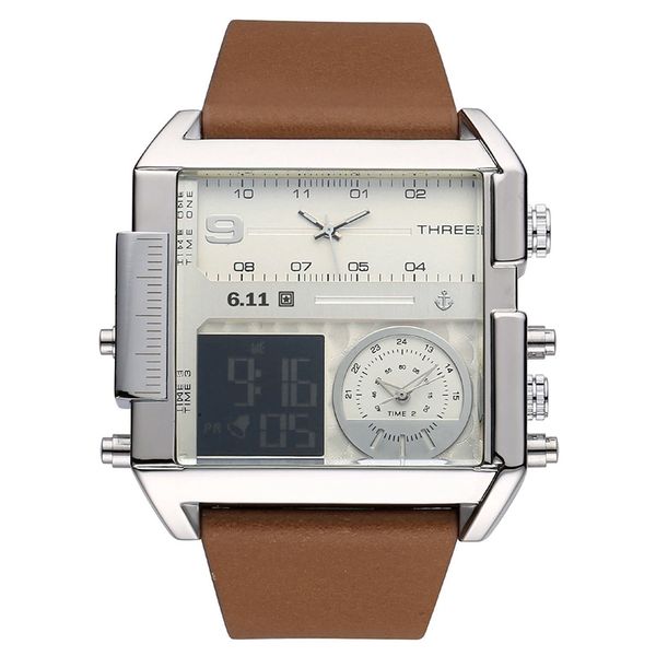 

multi-function led square quartz watch men sports electronic watch large dial personalized leather strap watches students wristw, Slivery;brown