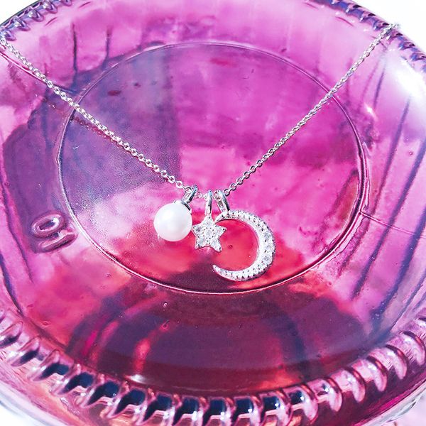 

star moon жемчужное ожерелье s925 стерлингового серебра женщин choker простой сладкий япония корейский стиль дикого личность подвеска, Silver