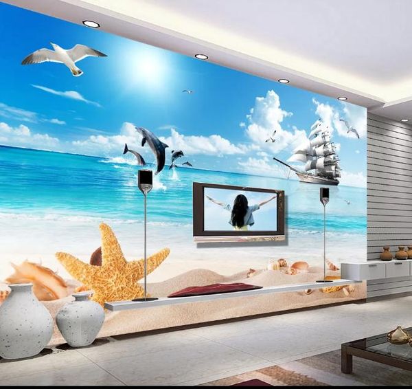 Carta da parati fotografica personalizzata 3D Abstract Cielo blu nuvole bianche paesaggio marino vela se Sfondo Murale Pittura murale Soggiorno Divano TV Sfondo