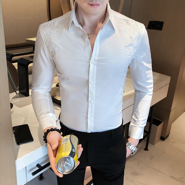 

gzdeerax сплошной цвет мужские рубашки роскошные весна вышивки с длинным рукавом мужские рубашки платья мода slim fit party мужской, White;black