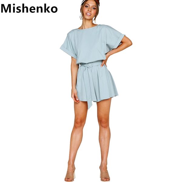 

mishenko summer beach romper women new fashion belted elegant office overalls casual o neck short sleeve jumpsuit solid playsuit, Black;white