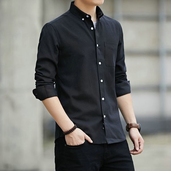 

Januarysnow Men's Oxford Shirt Long Sleeve Oxford Shirt Men Pocket Black Casual Shirts Camisa Social Masculina StreetWear Korean Style Men