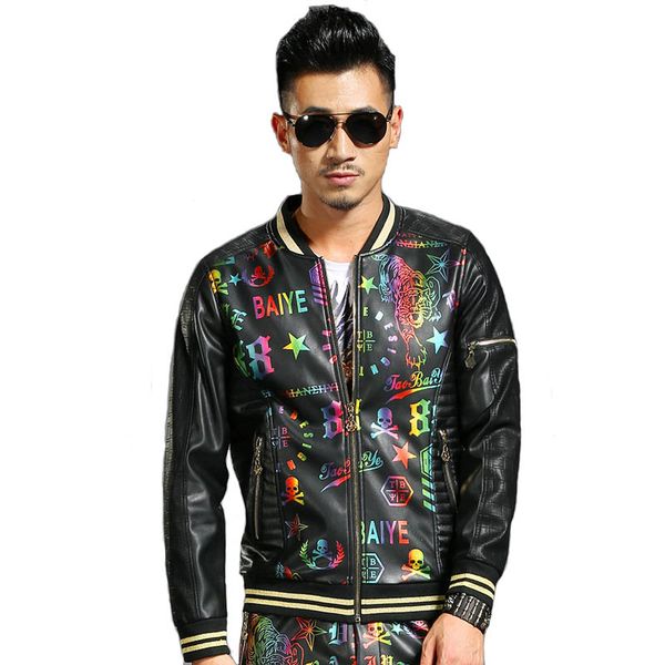 

kiovno men colorful leather jackets coats tiger skull printed jackets outwear for male size m-4xl, Black