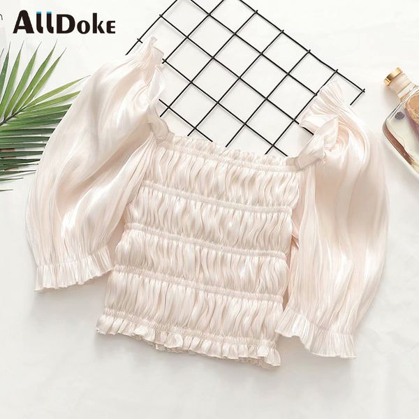 

alldoke summer elegant ruffles blouse women square collar puff sleeve crop shirt femme party cropped blouses blusas, White